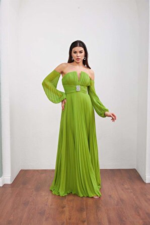 Fıstık Yeşili Şifon Kemer Detaylı Uzun Abiye Elbise