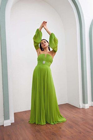 Fıstık Yeşili Şifon Kemer Detaylı Uzun Abiye Elbise