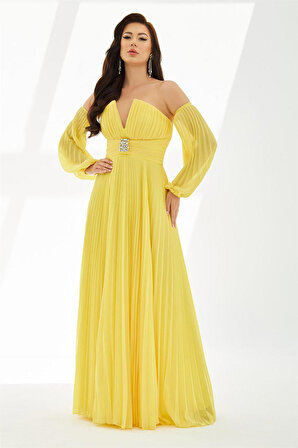 Carmen Kadın Şifon Kemer Detaylı Uzun Abiye Elbise 58070 Sarı