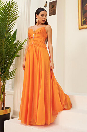 Carmen Kadın Şifon Askılı Yakası Taşlı Uzun Abiye Elbise & Davet Elbisesi 58085 Oranj