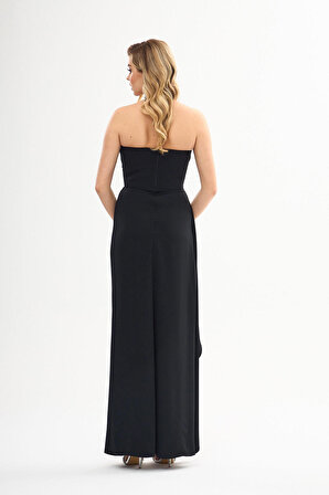Carmen Kadın Krep Taş Baskılı Yırtmaçlı Uzun Nikah Elbisesi 58306 Siyah