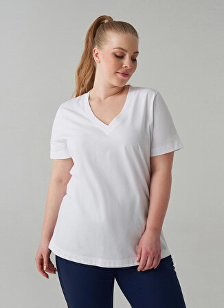 Luokk V Yaka  Rahat Kalıp Düz Beyaz Kadın Büyük Beden T-Shirt JULIAN