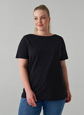 Luokk Yuvarlak Yaka  Rahat Kalıp Düz Siyah Kadın Büyük Beden T-Shirt JENNY