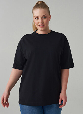 Luokk Yuvarlak Yaka  Rahat Kalıp Düz Siyah Kadın Büyük Beden T-Shirt MORRIS