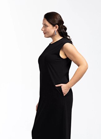 Luokk Yuvarlak Yaka Düz Siyah Midi Kadın Elbise ASTRID