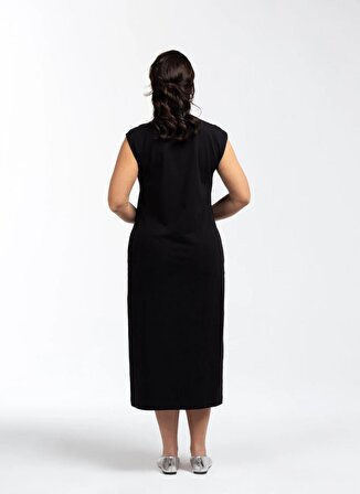 Luokk Yuvarlak Yaka Düz Siyah Midi Kadın Elbise ASTRID