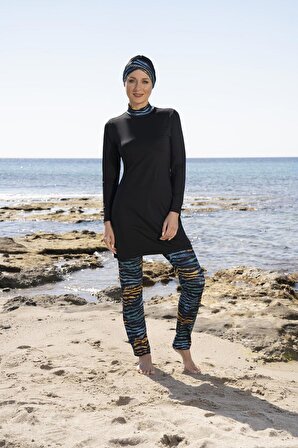 Estiva Kadın Boneli Pantolonu Dijital Desenli Siyah Tesettür Mayo
