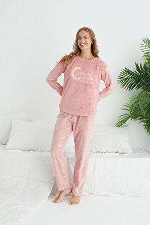 Kadın Kışlık Ay Desenli Polar Pijama Takımı