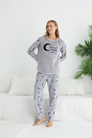 Kadın Kışlık Ay Desenli Polar Pijama Takımı
