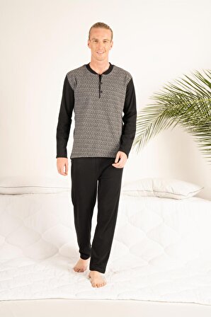 Erkek Kışlık Üç Düğmeli Yuvarlak Yaka Jakarlı Penye Pijama Takımı