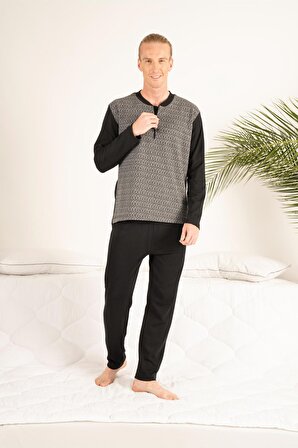Erkek Kışlık Üç Düğmeli Yuvarlak Yaka Jakarlı Penye Pijama Takımı