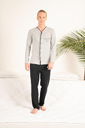 Erkek Kışlık Önden Düğmeli Cepli Penye Pijama Takımı