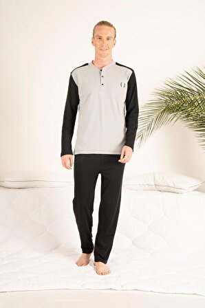 Erkek Kışlık Üç Düğmeli Yuvarlak Yaka Apoletli Penye Pijama Takımı