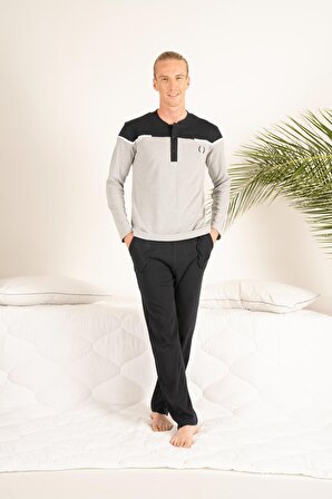 Erkek Kışlık Üç Düğmeli Yuvarlak Yaka Penye Pijama Takımı
