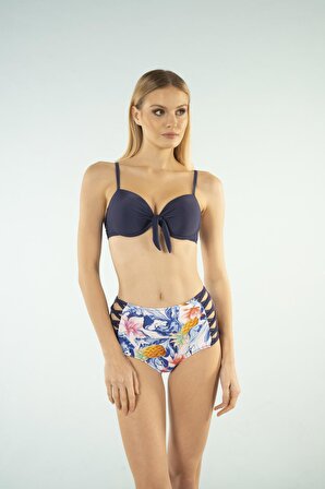 Estiva Desenli Yüksek Bel Britli Bikini Takımı - Lacivert