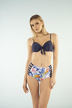 Estiva Desenli Yüksek Bel Britli Bikini Takımı - Lacivert