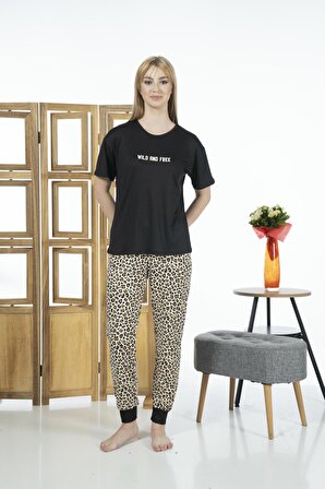 Estiva Kadın Kaplan Desenli Soft Kumaş Yazlık Pijama Takımı - Siyah