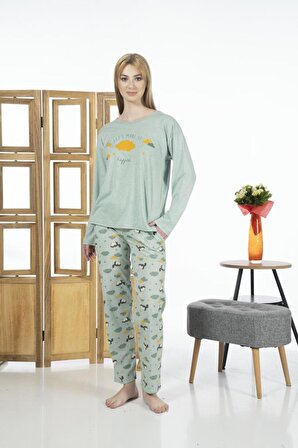 Estiva Kadın Bulut Desenli Uzun Kollu Yazlık Penye Pijama Takımı