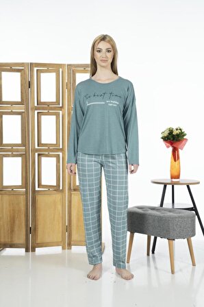 Estiva Kadın Kareli Uzun Kollu Yazlık Viskon Pijama Takımı