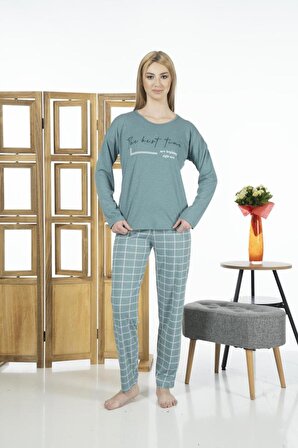 Estiva Kadın Kareli Uzun Kollu Yazlık Viskon Pijama Takımı