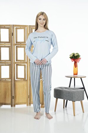Estiva Kadın Çizgili Uzun Kollu Yazlık Viskon Pijama Takımı