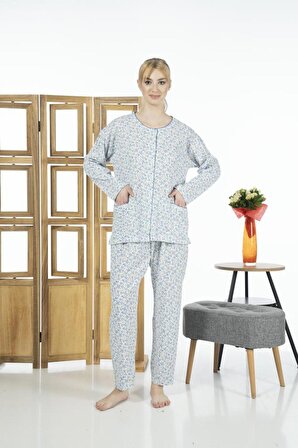 Estiva Kadın Çiçek Desenli Önden Düğmeli Cepli Yuvarlak Yaka Penye Pijama Takımı