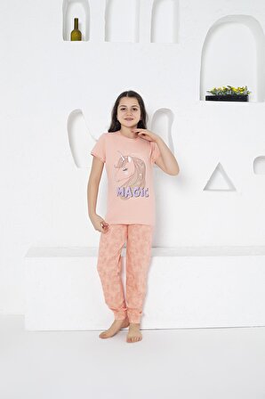 Estiva Kız Çocuk Unicorn Desenli Kısa Kollu Yazlık Pijama Takımı