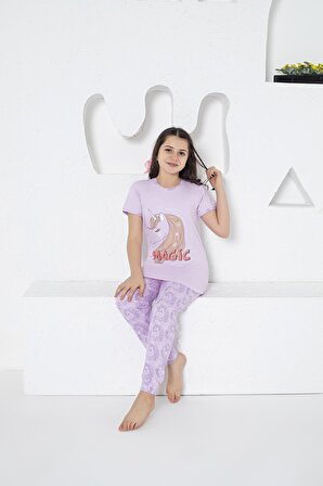Estiva Kız Çocuk Unicorn Desenli Kısa Kollu Yazlık Pijama Takımı