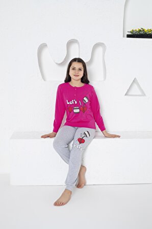 Estiva Kız Çocuk Kalp Desenli Uzun Kollu Yazlık Pijama Takımı