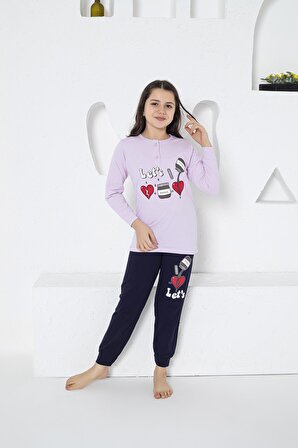 Estiva Kız Çocuk Kalp Desenli Uzun Kollu Yazlık Pijama Takımı