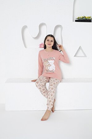 Estiva Kız Çocuk Ayıcık Desenli Uzun Kollu Yazlık Pijama Takımı