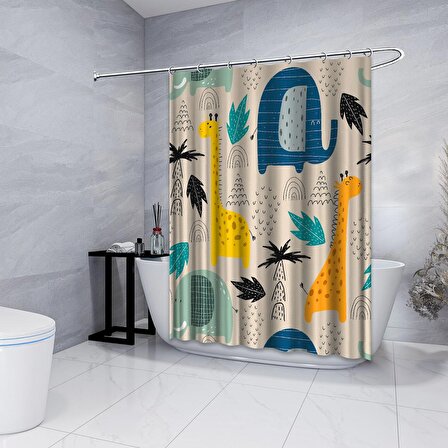 Banyo Duş Perdesi Tasarım Dekor Çizim Zürafa Filler Yaprak Bej Dijital Baskılı En 175 cm