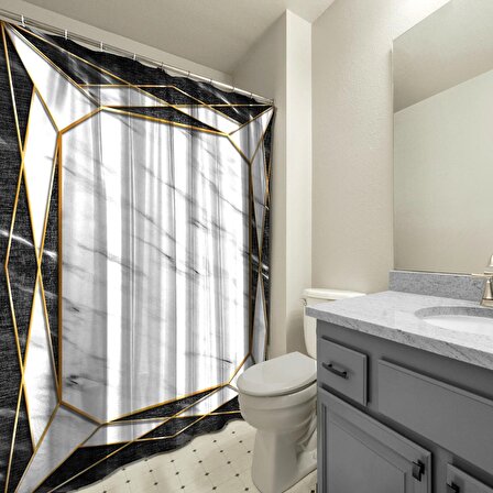 Banyo Duş Perdesi Tasarım Dekor Altın Değerli Taş Çerçeve Mermer Dijital Baskılı En 175 cm