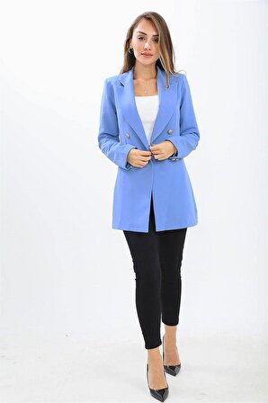 Omuzları Vatkalı Önü Çıtçıtlı Atlas Kumaş Kadın Blazer Ceket - Mavi