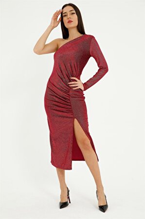 Tek Kol Yırtmaçlı Simli Kadın Elbise - Kırmızı