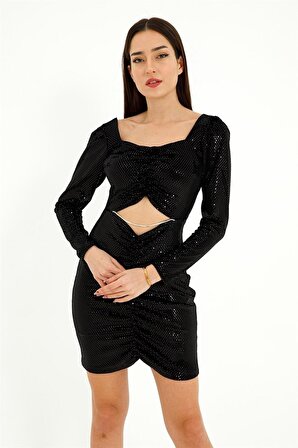 Zincir Detay Önü Büzgülü Kadın Mini Elbise - Siyah