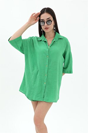 Pamuk Keten Şort Gömlek Kadın İkili Takım - Yeşil