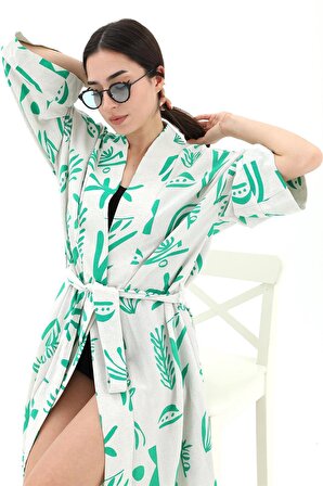Baskılı Keten Kimono - Yeşil
