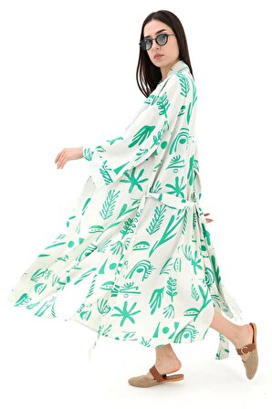 Baskılı Keten Kimono - Yeşil