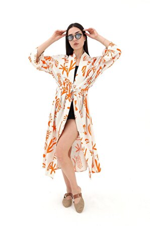 Baskılı Keten Kimono - Turuncu