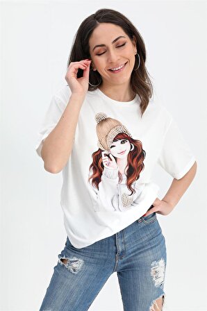 T-shirt Kız Baskılı Taş İşlemeli - Bej