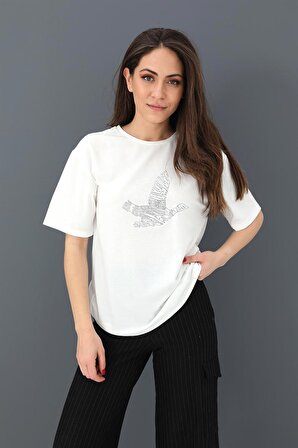 T-shirt Kuş Baskılı Bisiklet Yaka - Ekru