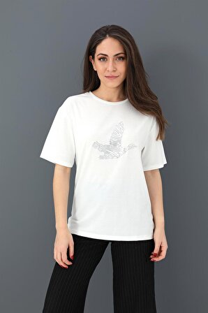 T-shirt Kuş Baskılı Bisiklet Yaka - Ekru