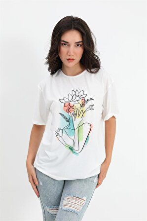 T-shirt Bisiklet Yaka Çiçek Desenli - Ekru