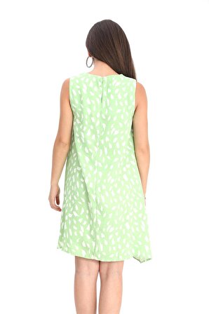 Elbise Sıfır Kol Desenli Keten - Yeşil