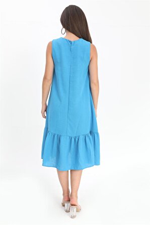 Kristal Keten Kolsuz Kadın Salaş Elbise - Mavi
