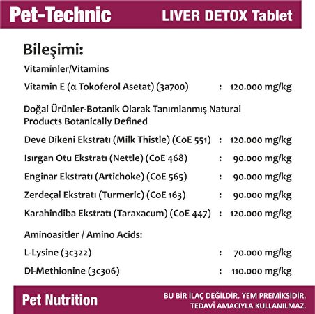 Pet Technic Yavru-Yetişkin Karaciğer Destekleyici E Vitamini Tablet 75 Tablet