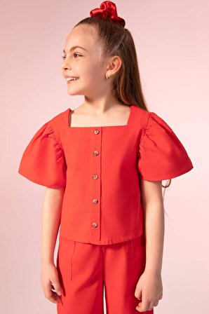 Kız Çocuk Regular Fit Kisa Kollu Keten Görünümlü Bluz