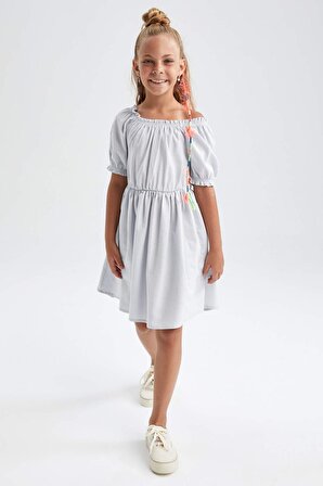 Kız Çocuk Regular Fit Kisa Kollu Pamuklu Keten Görünümlü Elbise