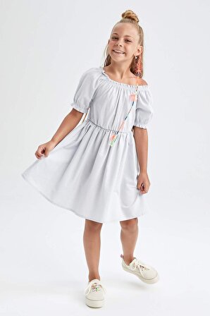 Kız Çocuk Regular Fit Kisa Kollu Pamuklu Keten Görünümlü Elbise